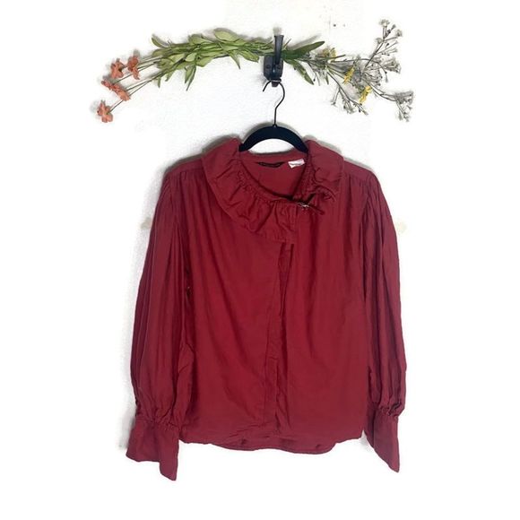 5 for $30 Bern Conrad Vintage Button Down Ruffle Collar Shirt Burgundy Medium - Picture 1 of 6